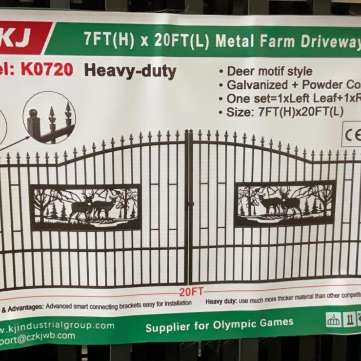 (Inv.53029) New Unused KJ K0720 Metal Driveway Gate with Deer Motif, 20' Wide x 7' Tall