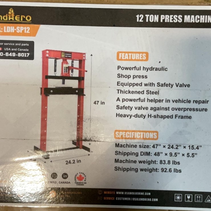 (Inv.53041) New Unused Landhero LDH-SP12 Hydraulic 12 Ton Shop Press,