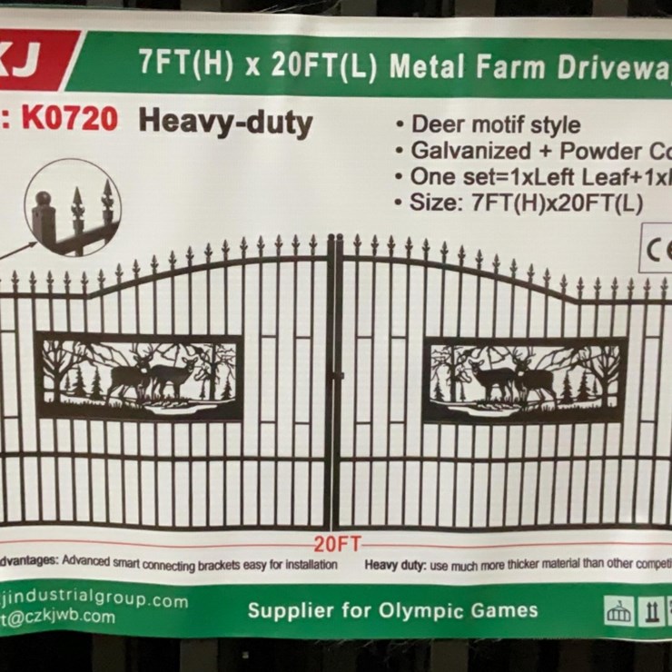 (Inv.53029) New Unused KJ K0720 Metal Driveway Gate with Deer Motif, 20' Wide x 7' Tall
