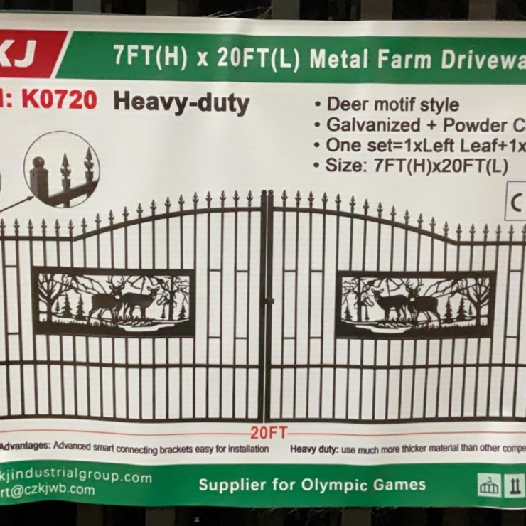 (Inv.53029) New Unused KJ K0720 Metal Driveway Gate with Deer Motif, 20' Wide x 7' Tall
