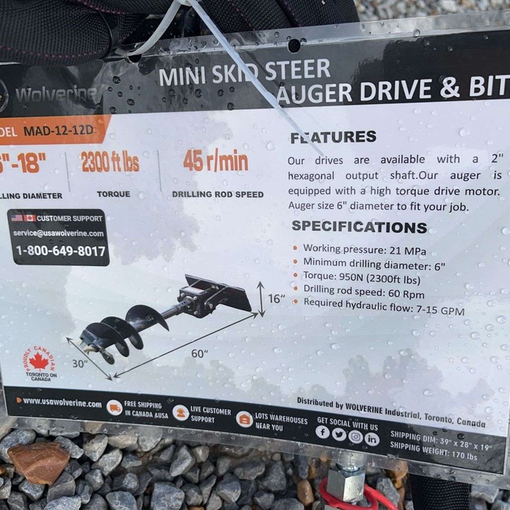 Unused Mini Skid Steer Auger & Bit Attachment