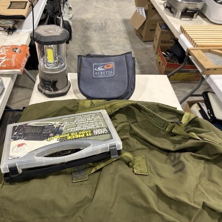 Army bag, tie down strap, lantern, etc