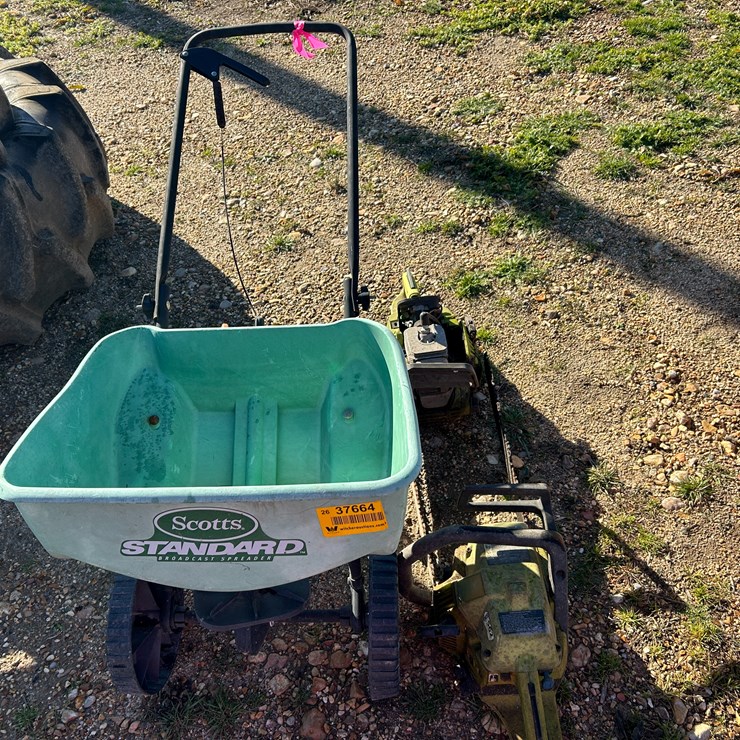 #37664 • Lot of Fertilizer spreader, & (2) chainsaws