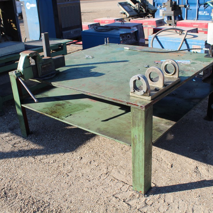 #3491 • STEEL WORK TABLE WITH VISE, PRESSURE GAUGE