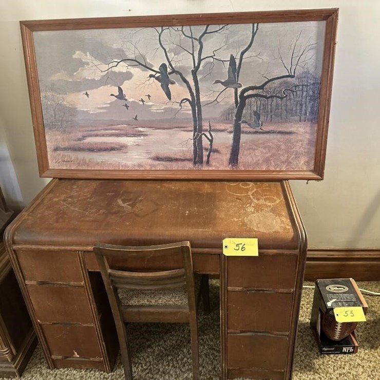 Wooden Desk & Framed Painting