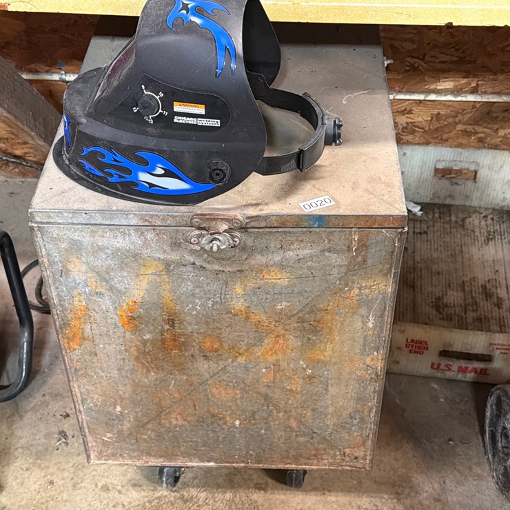 #20 • ROLLING METAL BIN WITH WELDING RODS AND HELMET