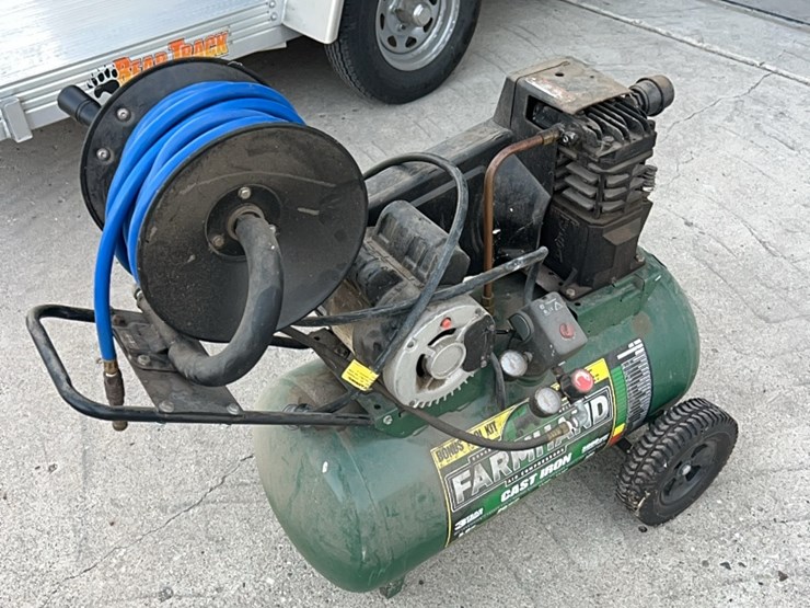 farmhand-air-compressor,-5-hp,-used-little,-has-hose-and-reel-self-contained.-image-1