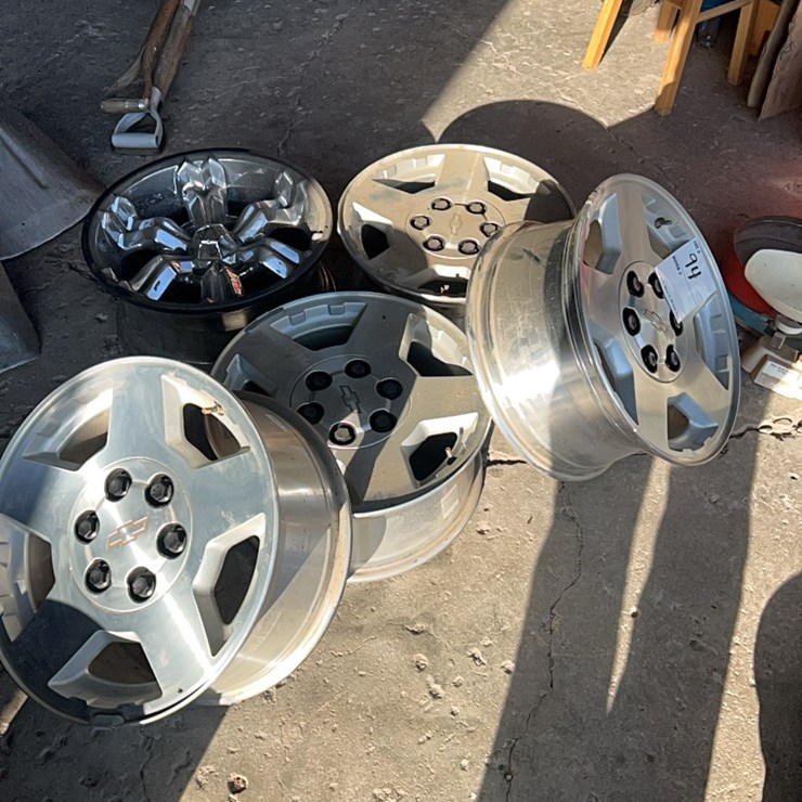 (5) 6 hole Chevy rims, complete set of four with lug nuts, plus one extra