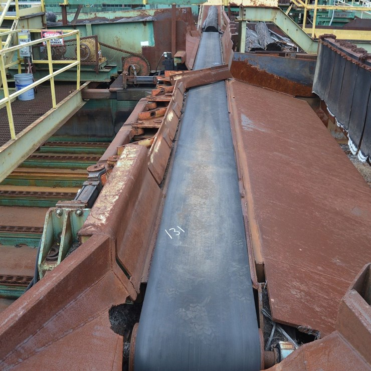 24"X55' OUTFEED BELT TROUGH W/ 4 ARM SWEEP KICKERS NO DRIVE