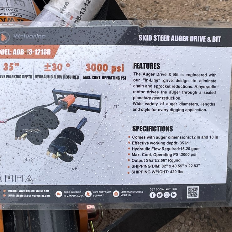 #4360 • Unused 2026 Wolverine Skid Steer Auger Drive and Bit Attachment