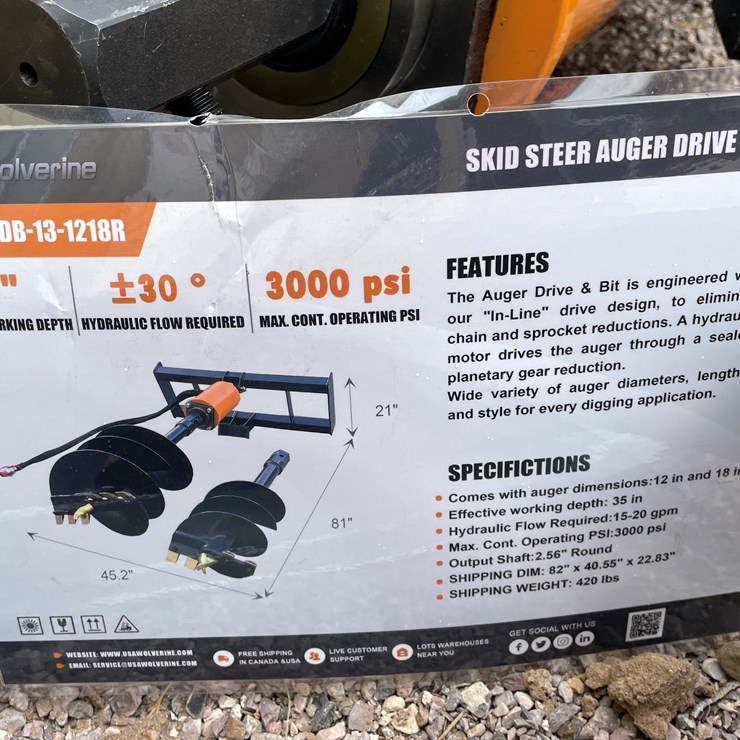 #4362 • Unused 2026 Wolverine Skid Steer Auger Drive and Bit Attachment