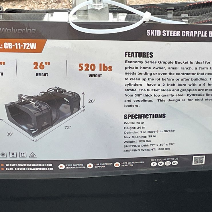 #4365 • Unused 2026 Wolverine Skid Steer Grapple Bucket Attachment