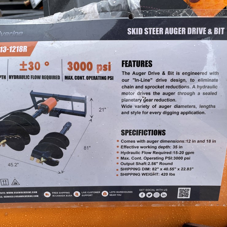 #4361 • Unused 2026 Wolverine Skid Steer Auger Drive and Bit Attachment