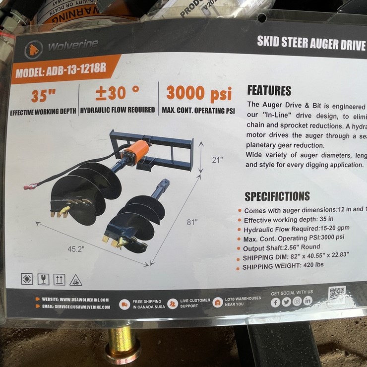 #4357 • Unused 2026 Wolverine Skid Steer Auger Drive and Bit Attachment