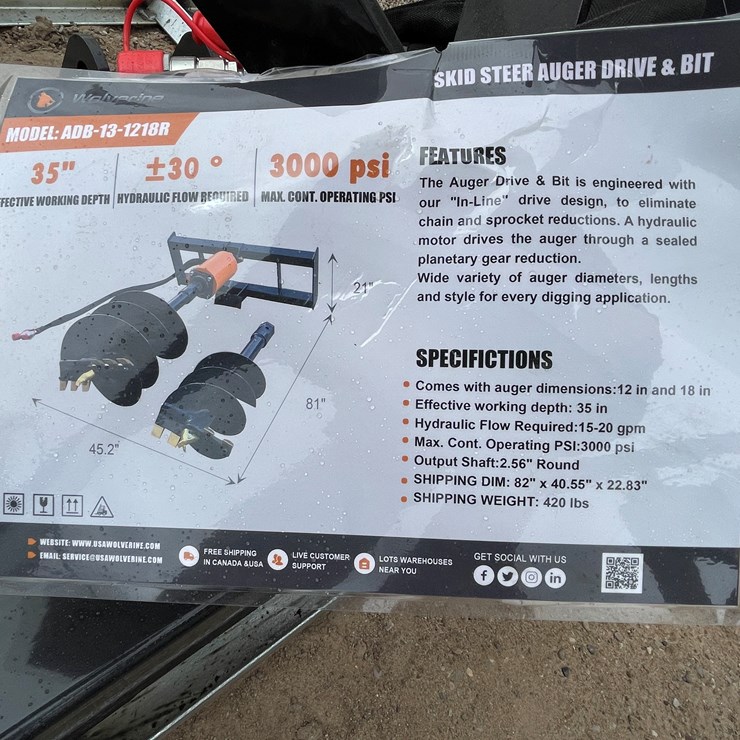 #4356 • Unused 2026 Wolverine Skid Steer Auger Drive and Bit Attachment