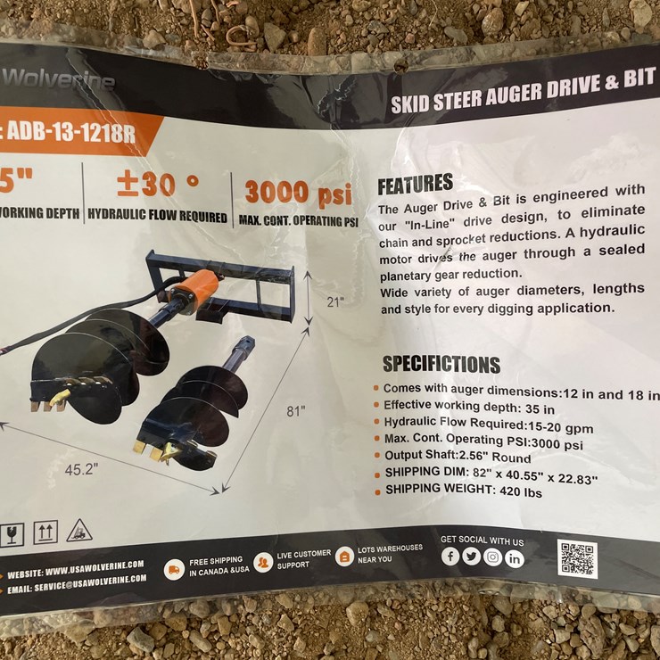 #4358 • Unused 2026 Wolverine Skid Steer Auger Drive and Bit Attachment