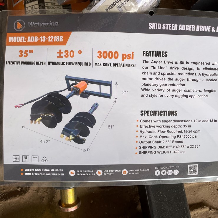 #4359 • Unused 2026 Wolverine Skid Steer Auger Drive and Bit Attachment
