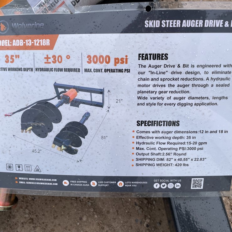 #4355 • Unused 2026 Wolverine Skid Steer Auger Drive and Bit Attachment
