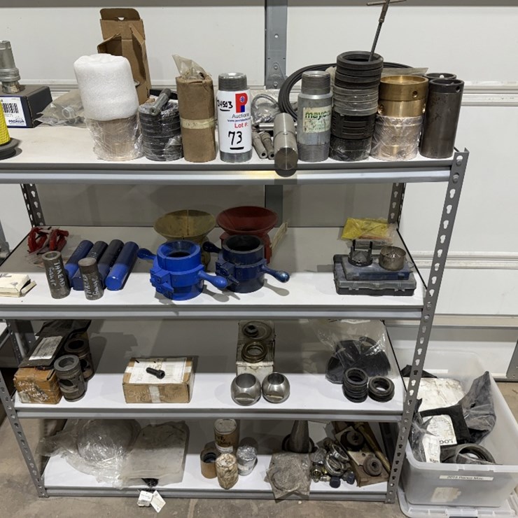 Shelving unit w/ (UNUSED) XK-90 & Logan swivel parts, stabbing guides, Kelly valve kits, guages, etc