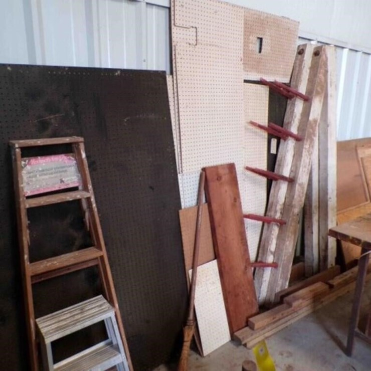 misc. peg board, plywood, ladders