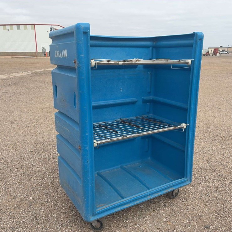 Blue Polyethylene Rolling Laundry Cart with Metal Shelves