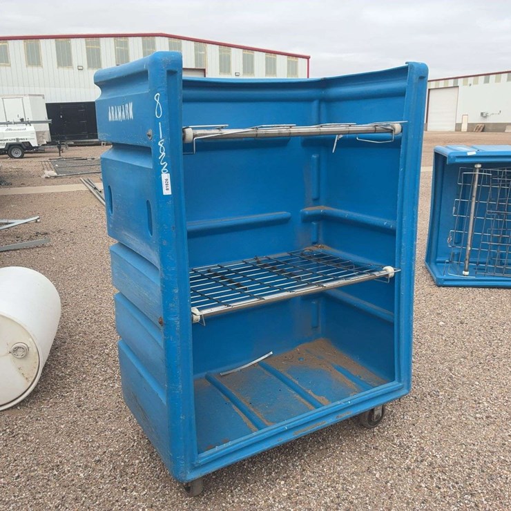 Large Blue Polyethylene Laundry Cart with Metal Shelves on Casters