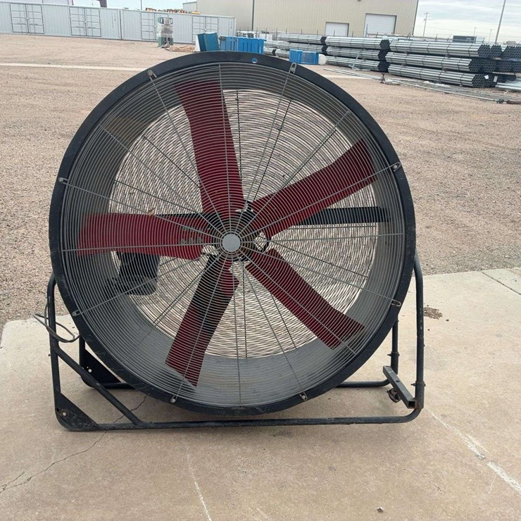 Large Industrial Floor Fan with Metal Frame and Red Blades