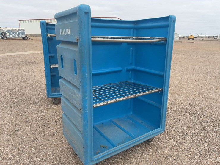 blue-polyethylene-utility-cart-with-wire-shelves,-aramark-branded-image-1