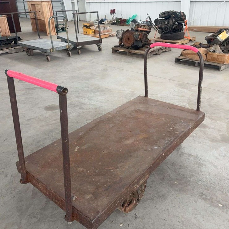 Heavy-Duty Steel Platform Cart with Dual Handles and Cast Iron Wheels