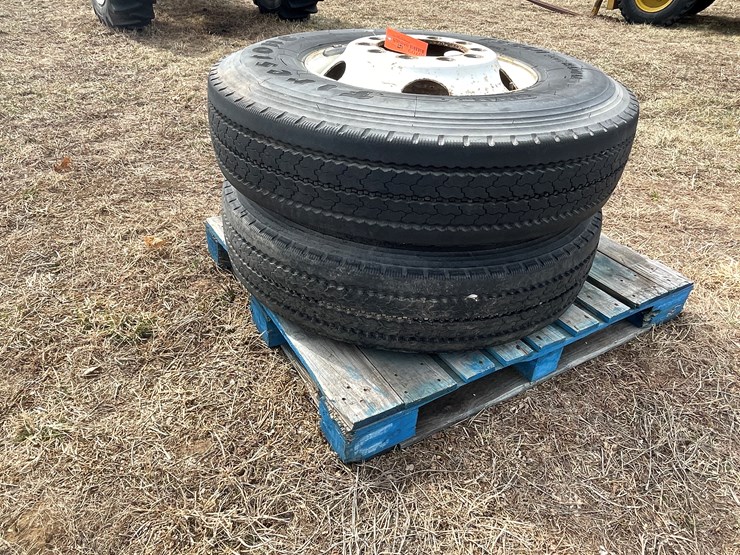 #10709-•-(2)-firestone-12r22.5-truck-tires-on-rims-image-1