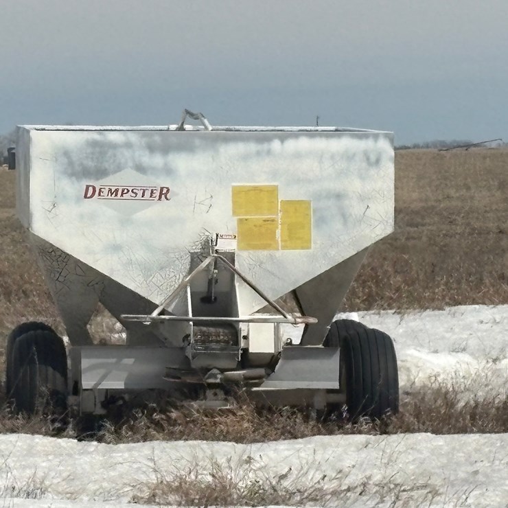 Seller #39.  6 ton Dempster fertilizer spreader, 540 PTO, tandem wheels, single spreader, no rust