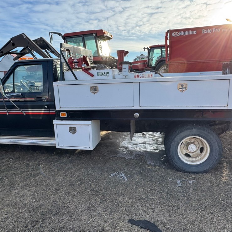 Seller #26. 1985 Ford 1 ton dually, 2wd, 7.2 gas, 4 speed manual, 2 service tanks with pumps and tool boxes, 128,000 nice clean unit, tires are like new