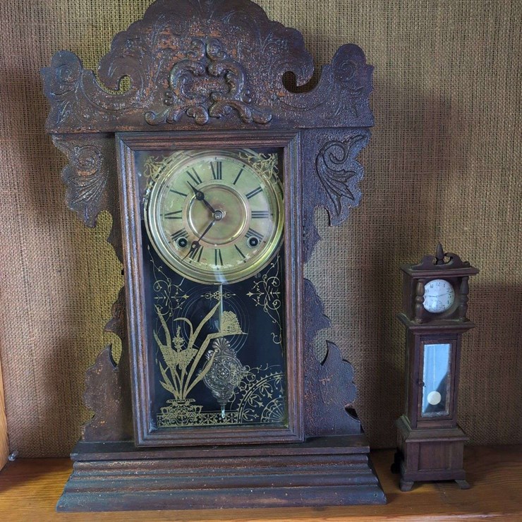 Two Clocks Including Welch Mantle Clock and Miniature Grandfather Clock
