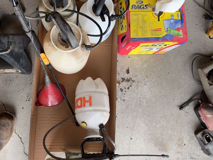 lot-of-garden-sprayers,-funnel,-tachometer,-and-rags-image-4