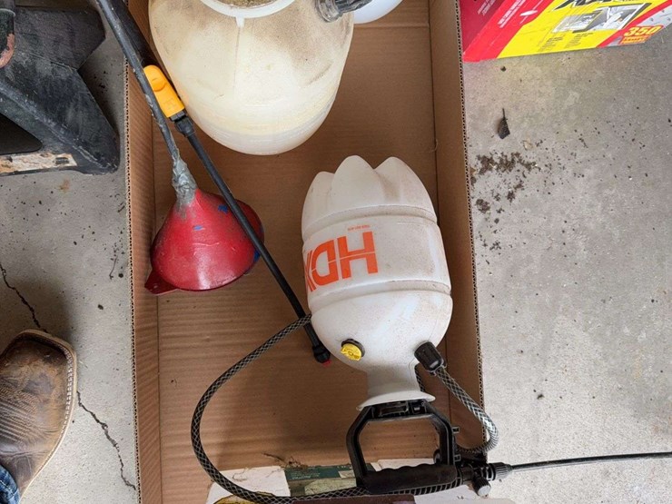 lot-of-garden-sprayers,-funnel,-tachometer,-and-rags-image-3