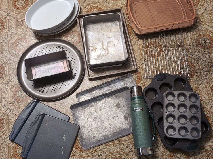 assorted-kitchenware:-baking-pans,-dishes,-and-stanley-thermos-image-1