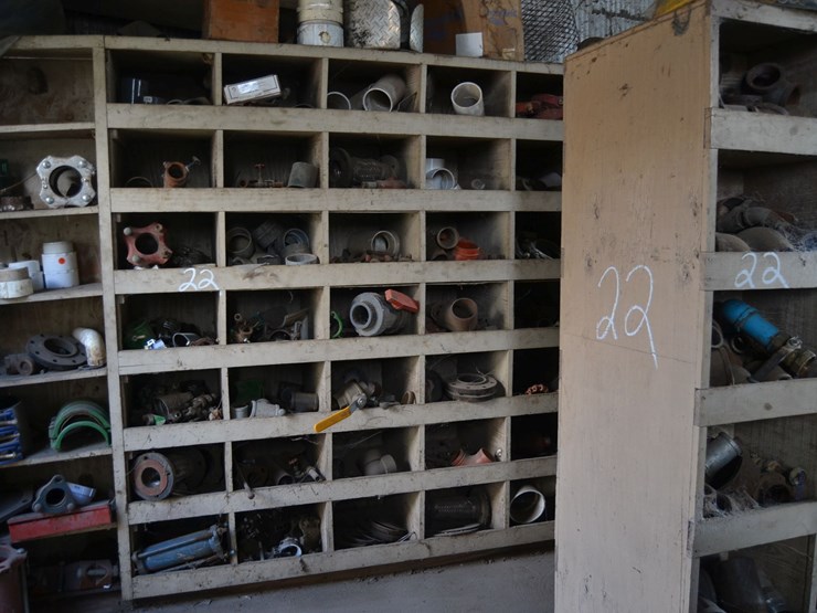 wooden-shelf-w/-pipe-fitting,-valves-and-pipe-hangers-image-1