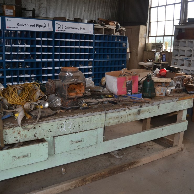 (5) SHELVES W/ PIPE FITTING, VISE, AND SUMP PUMPS