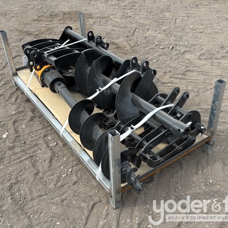 Unused Miva 8pc. Excavator Attachments - Rake, Ripper, Graber, 12" Auger, 16" Auger, 8" Narrow Bucket, 24" Bucket, 32" Bucket