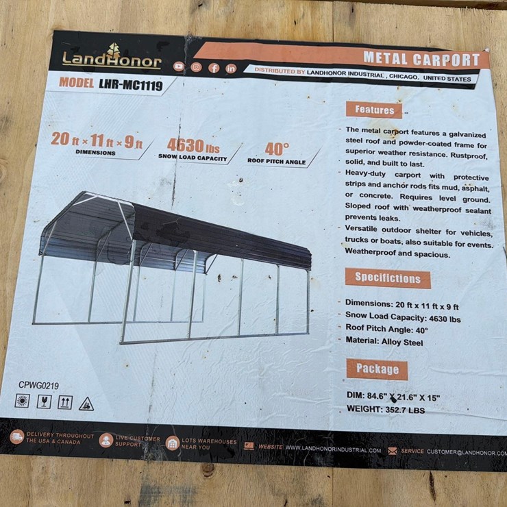 NEW LANDHONOR LHR-MC1119 METAL CARPORT NEW SUPPORT EQUIPMENT