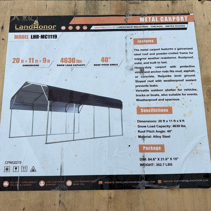NEW LANDHONOR LHR-MC1119 METAL CARPORT NEW SUPPORT EQUIPMENT