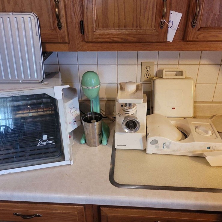 Collection of Kitchen Appliances including Ronco Rotisserie, Hamilton Beach Mixer, Meat Grinder, and Rival Slicer