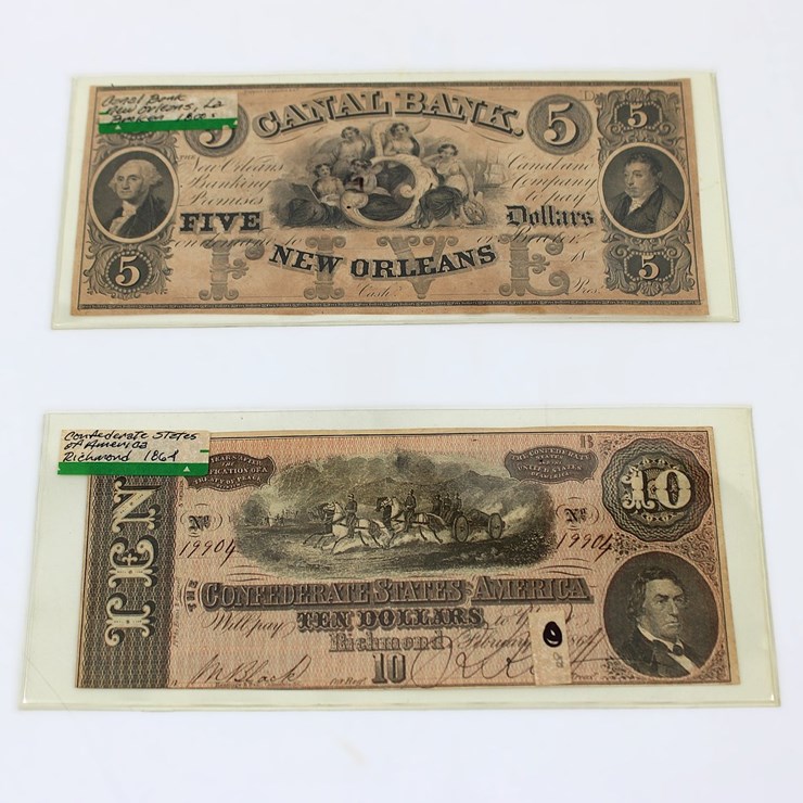 #36010 • CURRENCY | 1800'S CANAL BANK NOTE $5, CONFEDERATE $10 NOTE