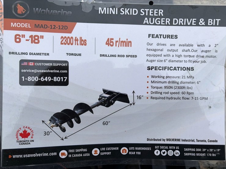 #536-•-unused-wolverine-mini-skid-steer-auger-&-12”-bit-image-3
