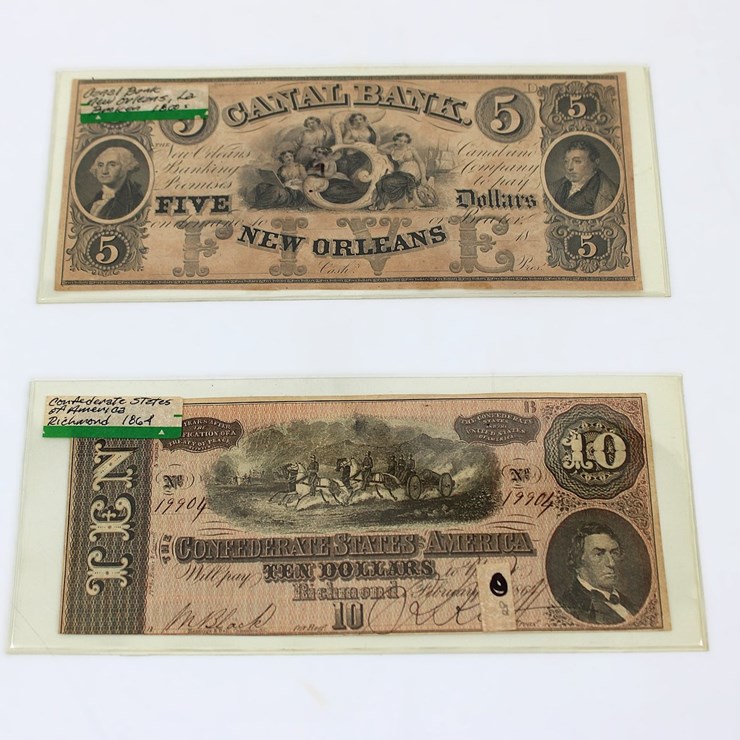 #36010 • CURRENCY | 1800'S CANAL BANK NOTE $5, CONFEDERATE $10 NOTE