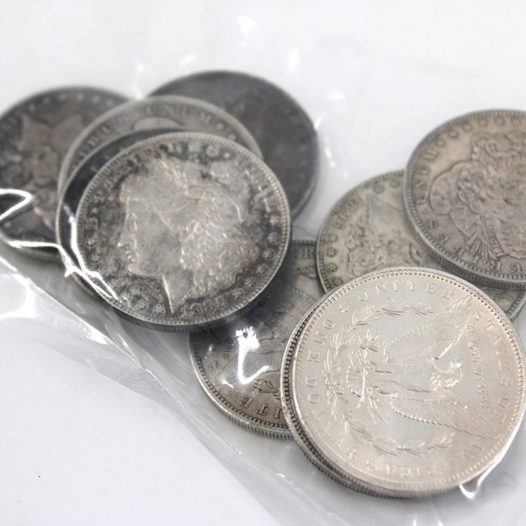 #36135 • QTY 10, LATE 1800'S SILVER MORGAN DOLLAR COINS, 90% SILVER