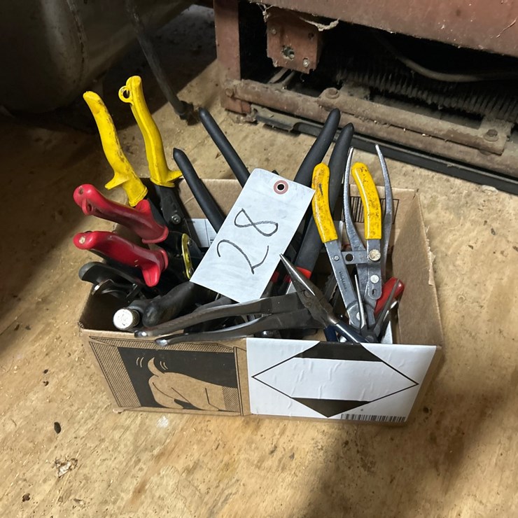 #28 • BOX OF VARIOUS PLIERS, SNIPS, ETC.