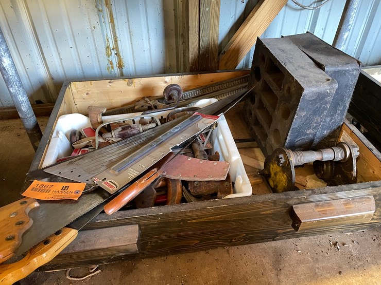#1867-•-hand-saws,-hammers,-drill-braces-and-wooden-rolling-storage-drawer-image-1