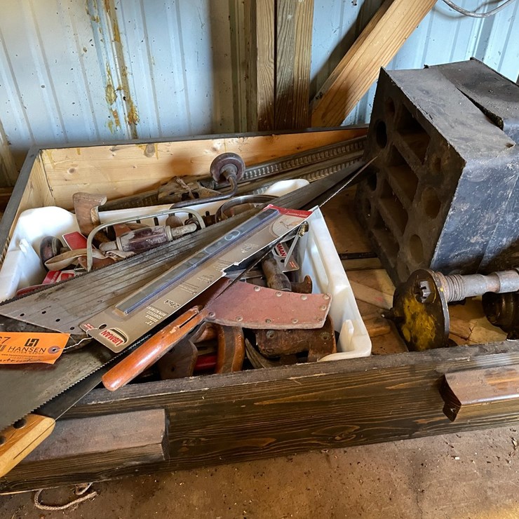 #1867 • Hand Saws, Hammers, Drill Braces and Wooden Rolling Storage Drawer