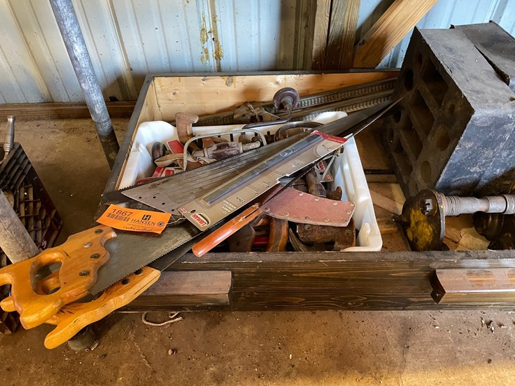 #1867-•-hand-saws,-hammers,-drill-braces-and-wooden-rolling-storage-drawer-image-2